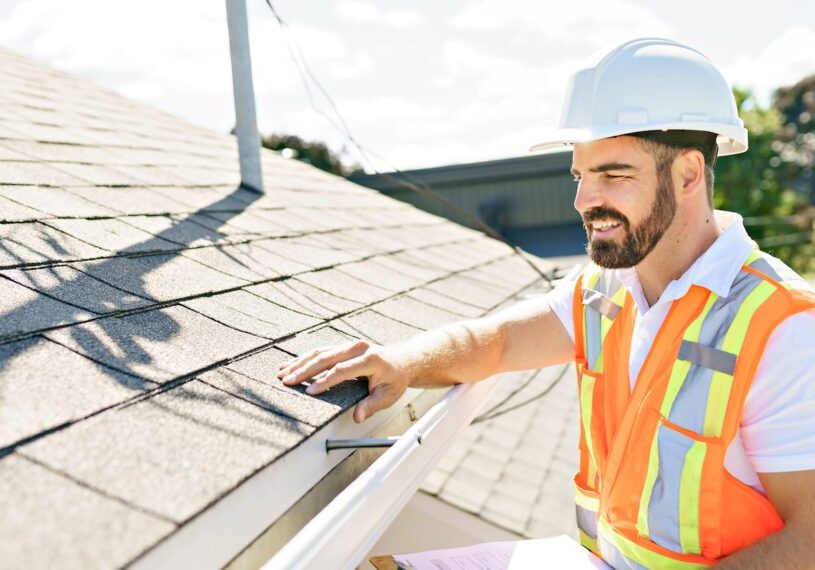 A man in a hard hat, holding a clipboard, standing on the steps of an old rundown house.