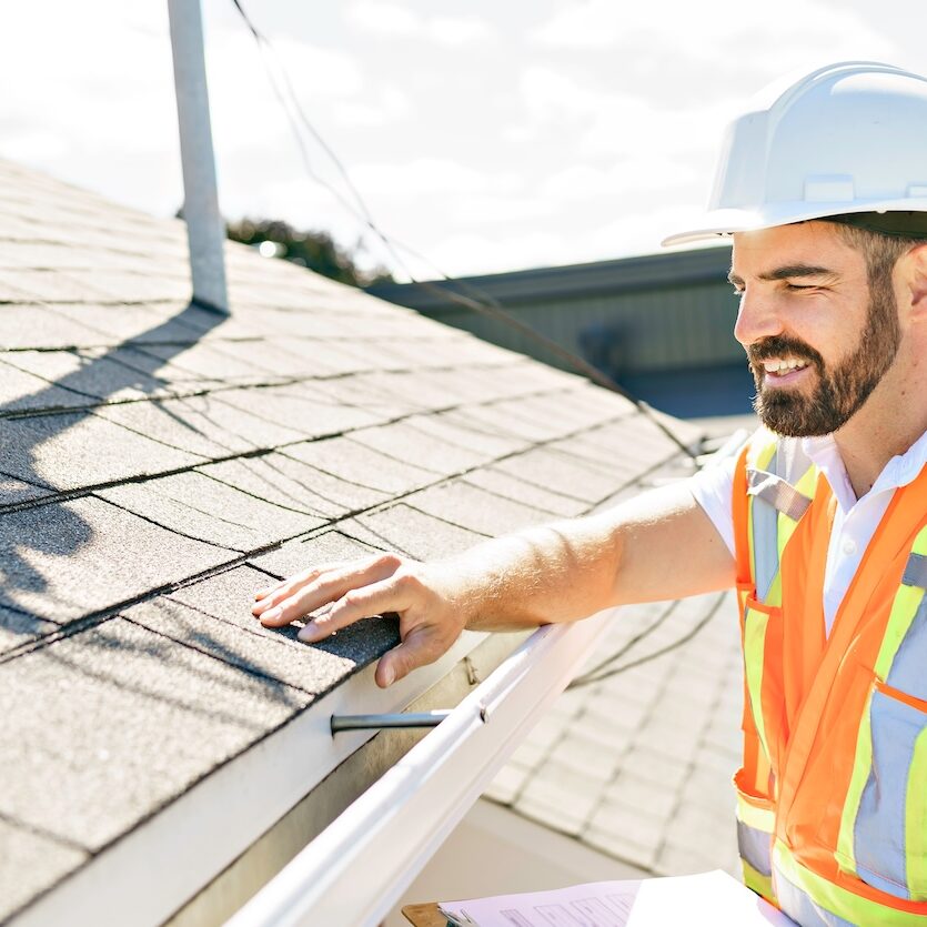 A man in a hard hat, holding a clipboard, standing on the steps of an old rundown house.