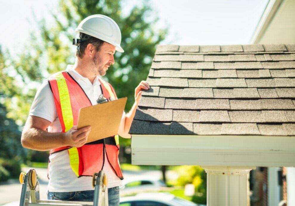 A man with hard hat standing on steps inspecting house roof
