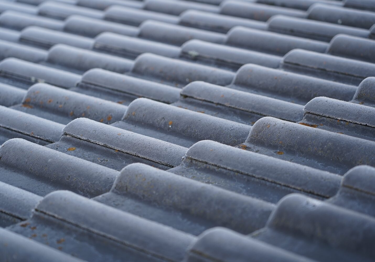 The ribbed roof is covered in frost. Frosty roof in the morning. The tiled roof is covered in frost. Full screen tiled roof.